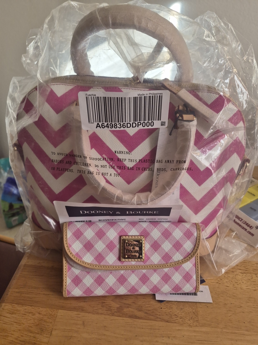 Dooney & Bourke Pink Chevron Satchel with Matching Pink Check Wallet